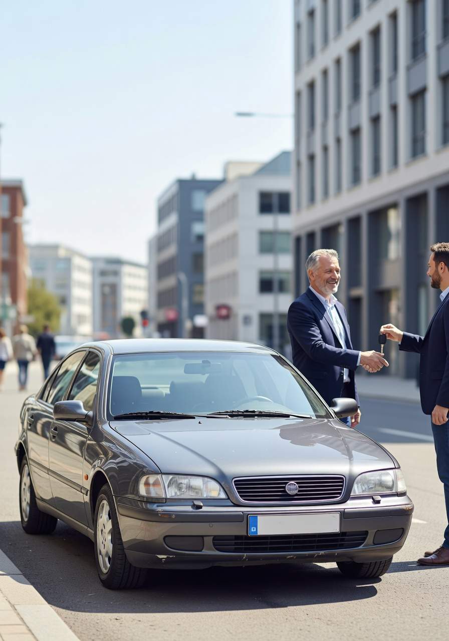 Team in Wetter, ein erfahrener Fahrzeugexperte aus Wetter nimmt das Fahrzeug eines zufriedenen Kunden ab. Seitlich steht der Wagen neben beiden.